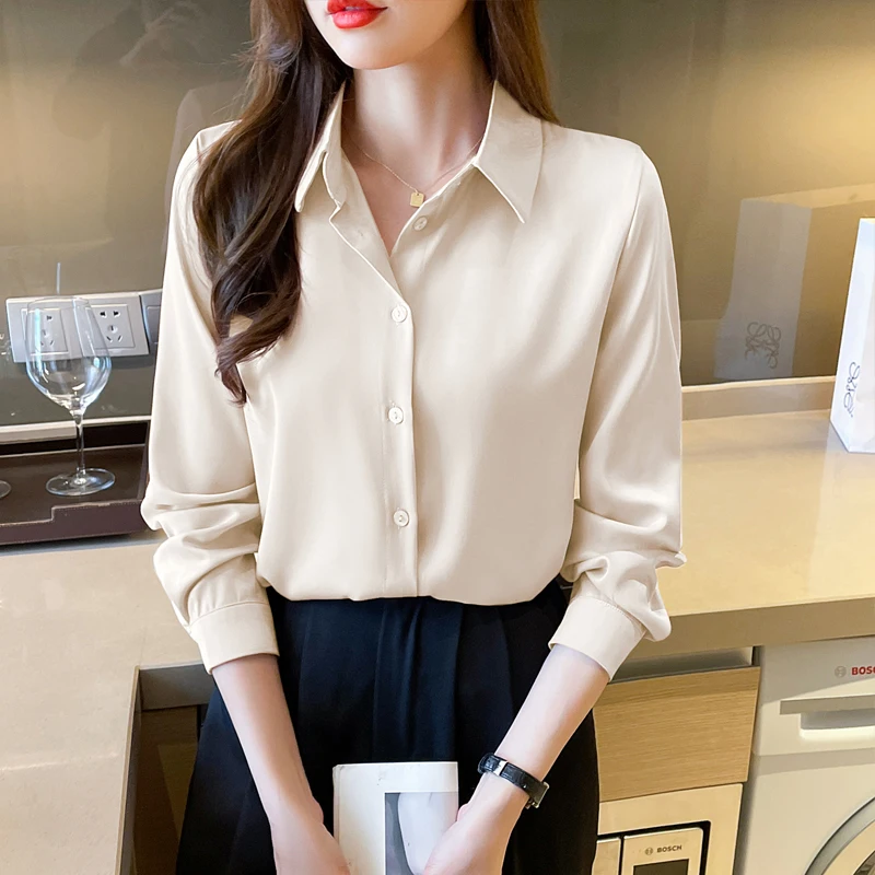 Women Spring Simplicity Loose Office Lady Satin Solid Color Polo-Neck Long Sleeve Shirts Women Clothes Casual All-match Tops