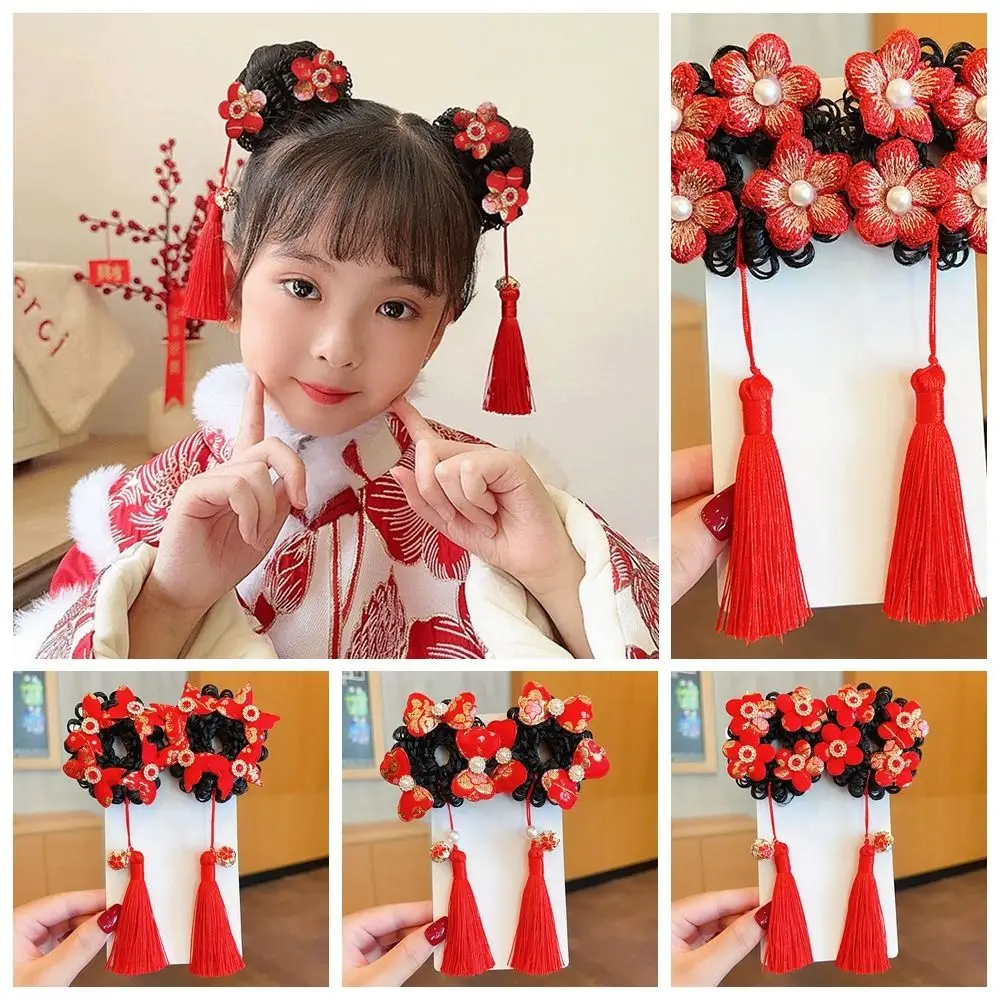 

Chinese New Year Red Wig Braid Hair Rope Elastic Hair Bands Long Tassel Bow Ponytail Holder Hair Ties Tang Suit Hanfu Hair Ring