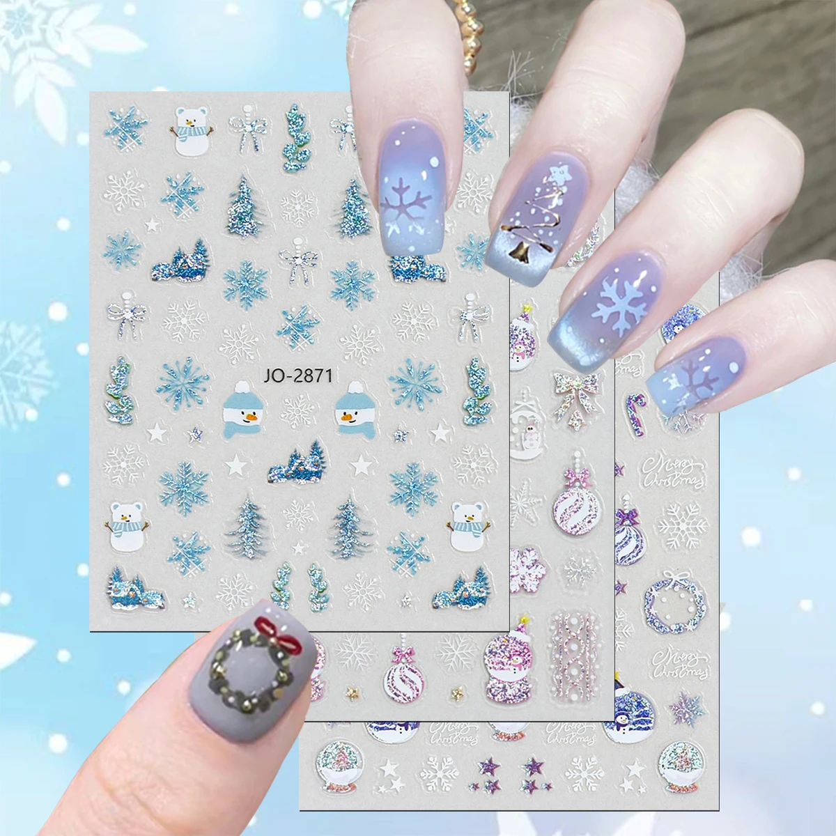 3/6 Blatt blaue Weihnachts-Schneeflocken-Nagelaufkleber, glitzernde Winter-Nagelkunst-Abziehbilder mit Schneemann-Stern-Designs, Maniküre-Aufkleber