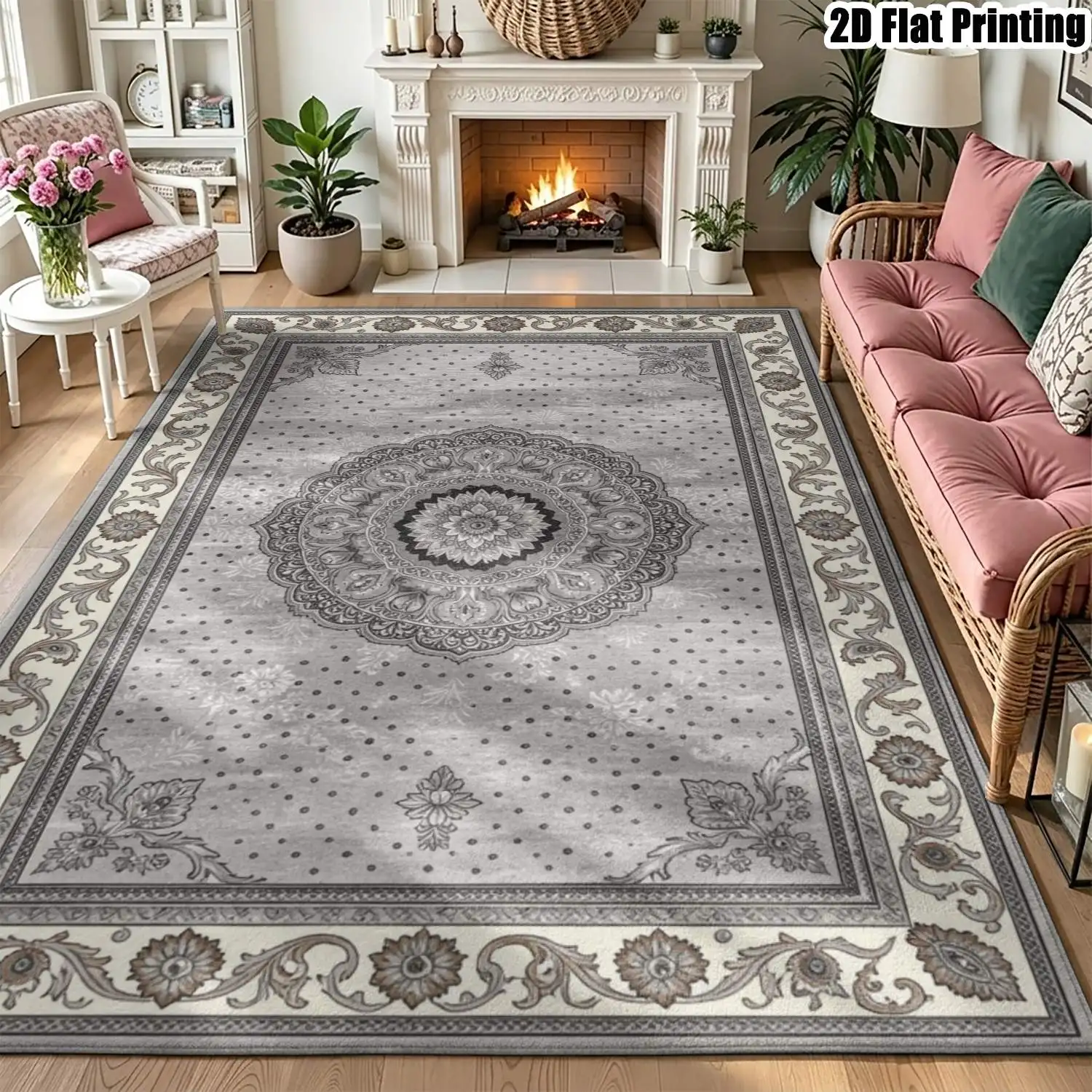 1Pc 2D Printed Carpet: Grey-White Retro Floral, European Style, Geometric & Bohemian Design Machine Washable, Multi-Size, Ideal for Home Decor Spaces.