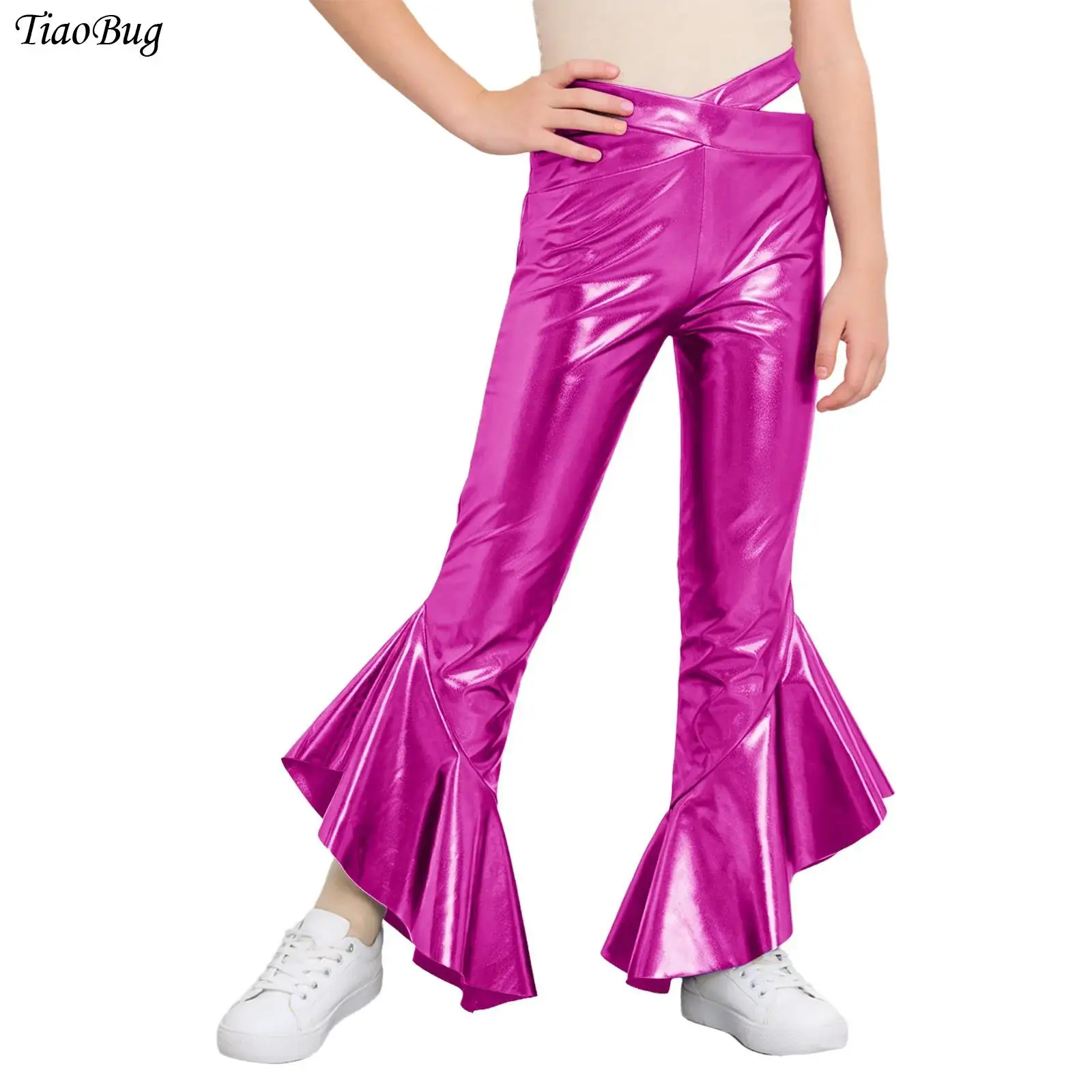 

Shiny 70S Disco Hippie Costume for Kids Girls Hip Hop Street Jazz Dance Metallic Flared Pants Ruffle Bell-Bottom Pants Trousers
