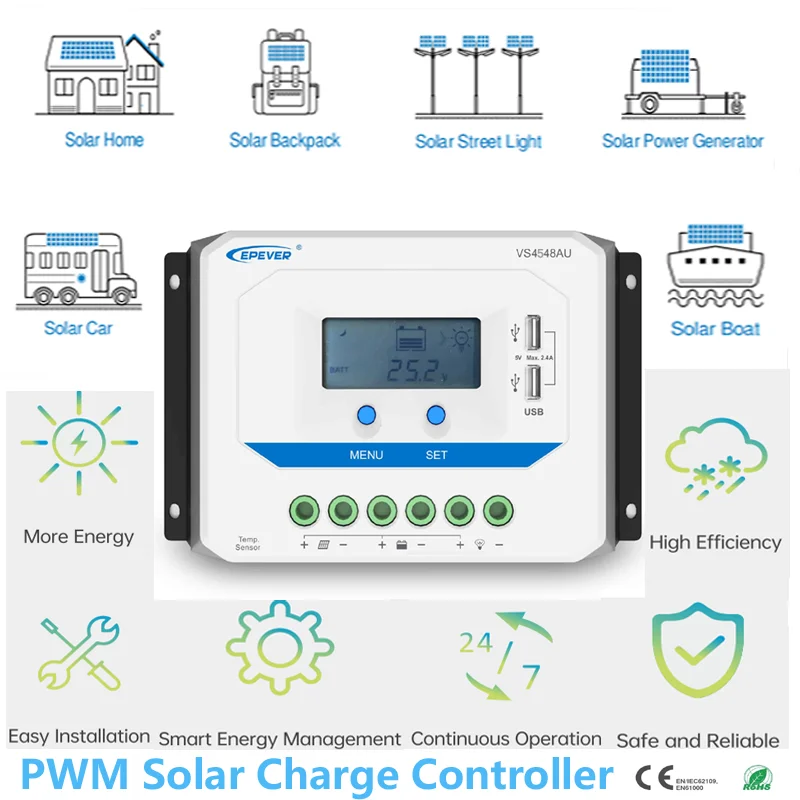 Imagem -04 - Epever Pwm Controlador de Carga Solar Retroiluminação Automática Lcd Dual Usb pv Carregador Regulador para Solar Home 12v 24v 45a 60a