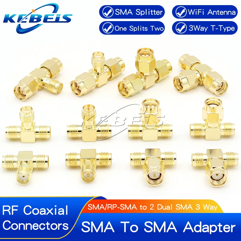 2pcs SMA Splitter Connector SMA/RP-SMA Male to 2 Dual SMA Female Triple Tee Adapter SMA Connector 3 Way T-Type Antenna Converter