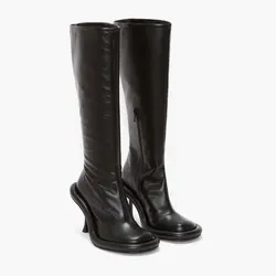 Women's New Round Head Shaped Big Sole Ultra High Thin Heel Half Zipper Slim Large Black Knee Length Boots