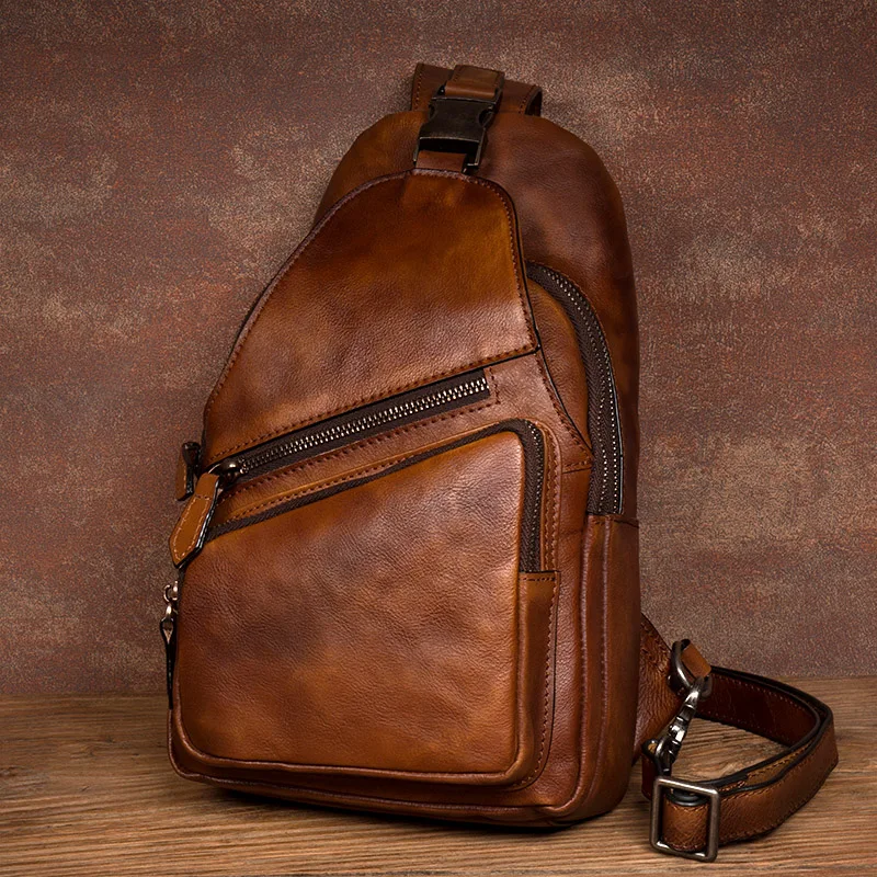 Retro trend leather chest bag large-capacity casual men's shoulder bag leather shoulder bag commuting cycling bag