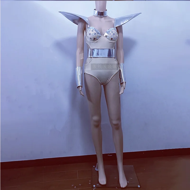 نظرة السحب أزياء جوجو راقصة ملابس عرض مسرحي البدلة الفضية أداء مستقبلية الزي ارتداءها كرنفال الهذيان الملابس yk