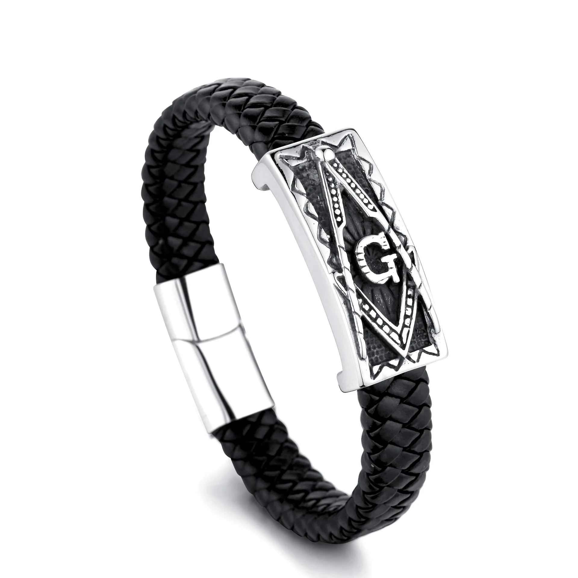 Woven Leather Rope Wrapping Special Style Classic Stainless Steel Men's Leather Bracelet Masonic Design Customization