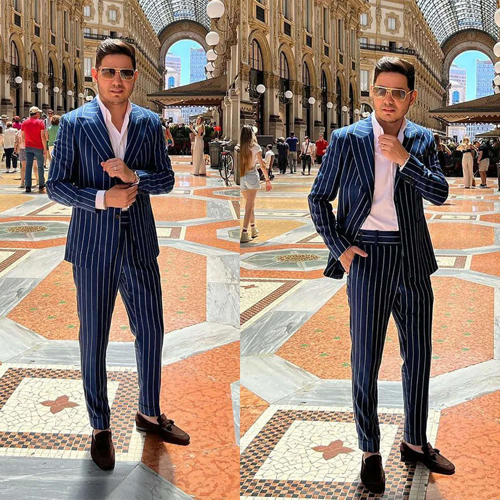 

Dark Blue Stripe Men Suits 2 Pieces Blazer Pants Tailored Single Breasted Fashion Formal Business Groom Causal Prom Summer