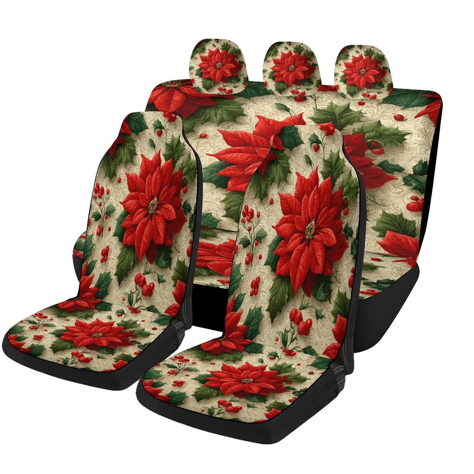 

Poinsettia Pattern Themed Car Seat Cover Set For Most Cars, Decorative Trendy High-quality Car Seat Protector Covers Full Set,