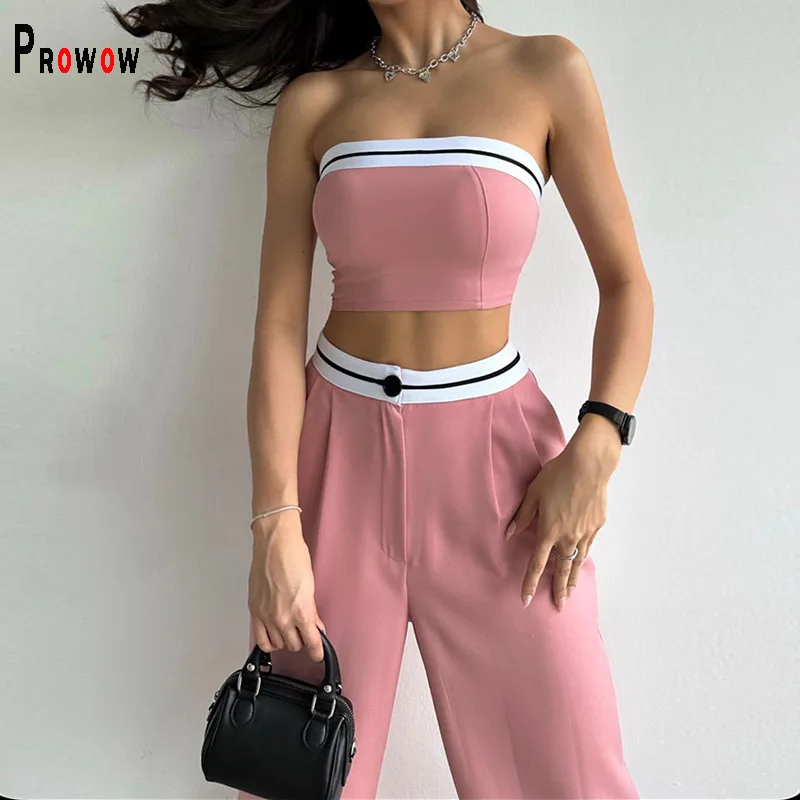 

Prowow Fashion Sporty Women Tracksuits Cropped Vest High Waist Wide Leg Pant Two Piece Streetwear Summer New Design Casual Suits