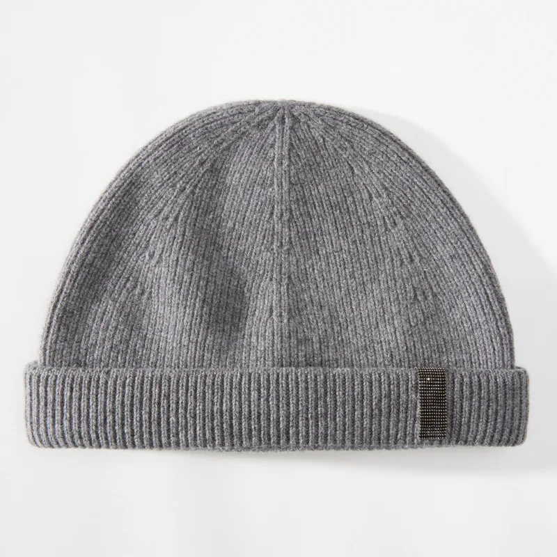 Cuffed Wool Cap Beanie Women Men Winter Hat with Beaded Fold Over Brim