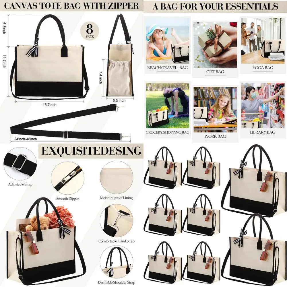 

Набор из 8 холщовых сумок-тоут с плечевыми ремнями и застежкой-молнией — идеально подходит для продуктов, подарков на день рождения и подарков для подружек невесты