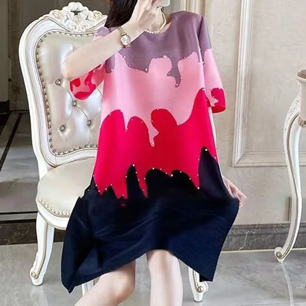 Colorful patchwork nail bead half sleeve loose  Shadow dress women candy color printed pleated women's skirt blue