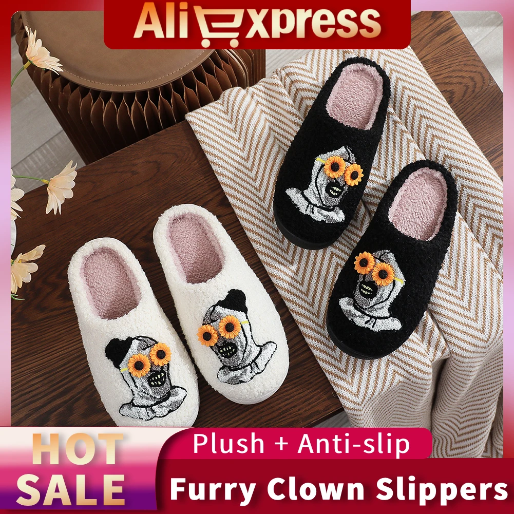 

Halloween Plush Slippers Warm Slip-on House Shoes Comfortable Furry Clown Slippers Anti Slip Spooky Clown Slippers for Men Women