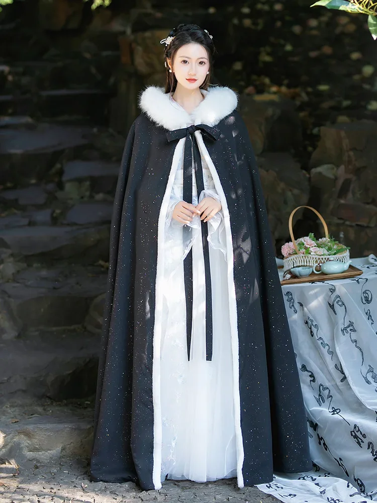 Black Cloak Hanfu Women's Chinese Style Coat Winter Thickened Cloak Ancient Clothing Going Out Shawl Autumn and Winter Warm