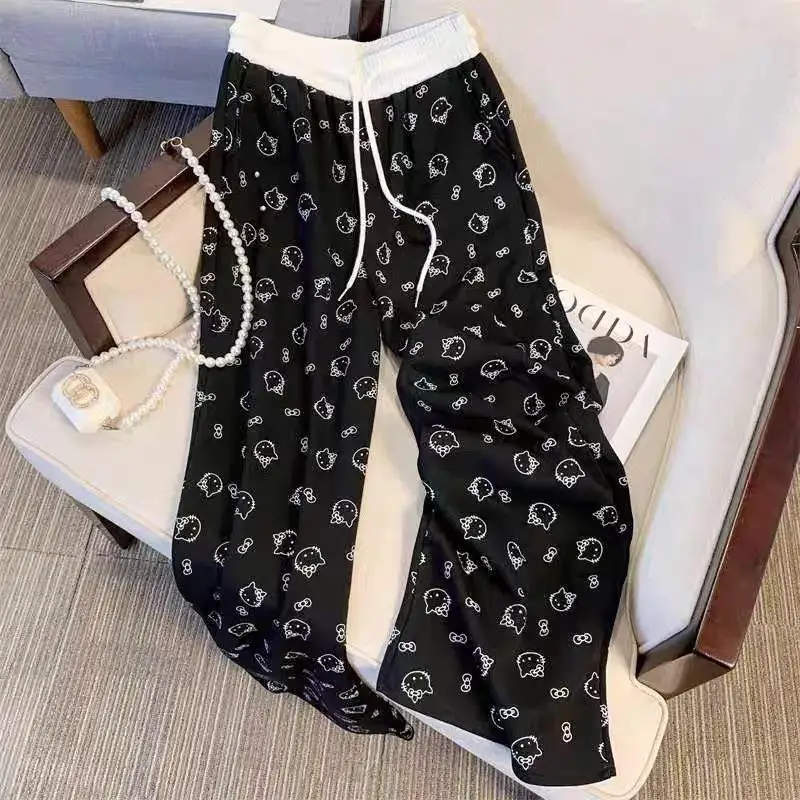 Hello Kitty Wide Leg Pants Kawaii Sanrio Palazzo Pants Anime Cartoon Comfortable Thin Elastic Waistband Cute Girl Home Clothes