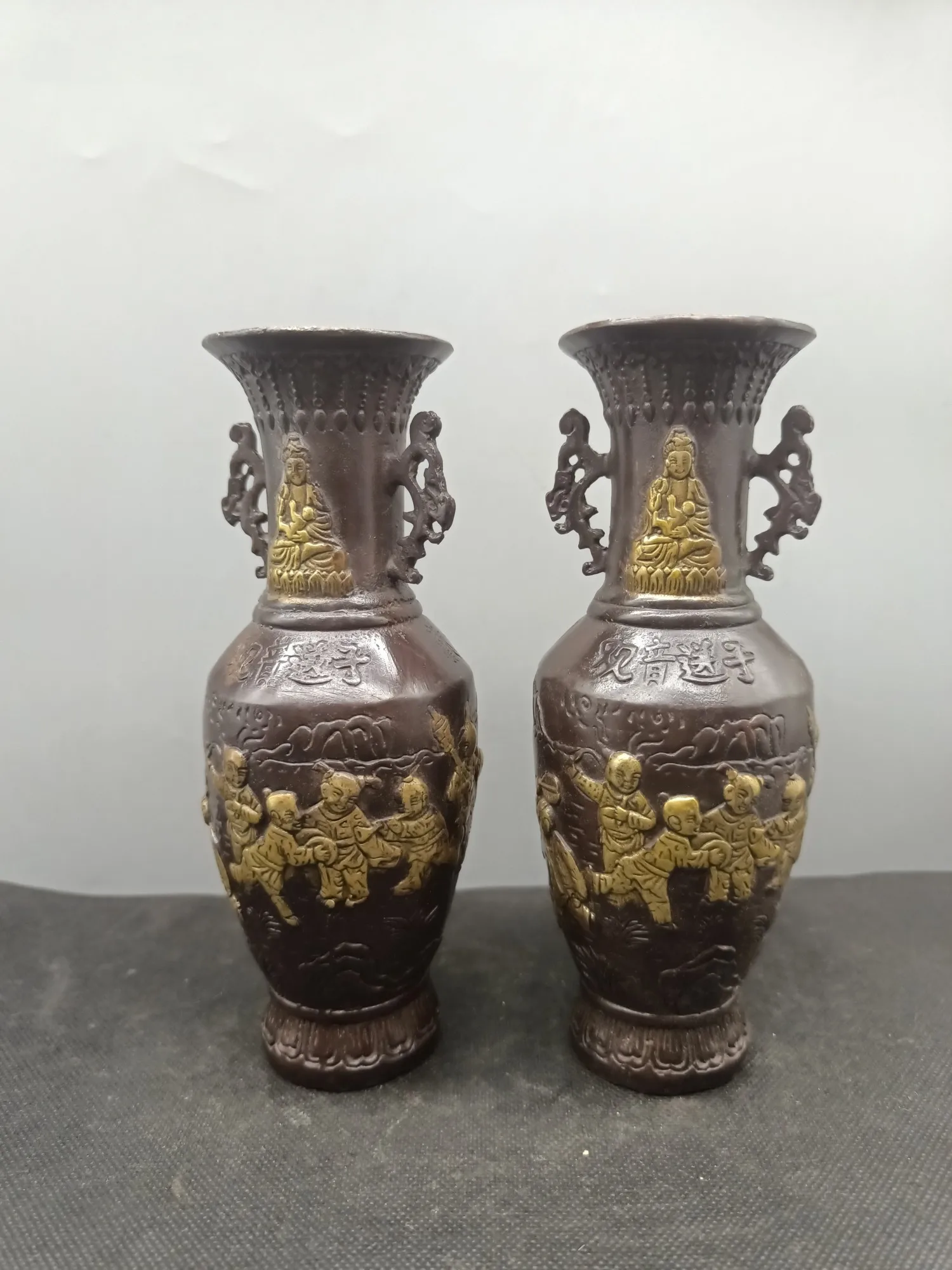 Antique Collection Gold-Plated Pure Copper Gemini Guanyin Vase Home Decoration Ornament