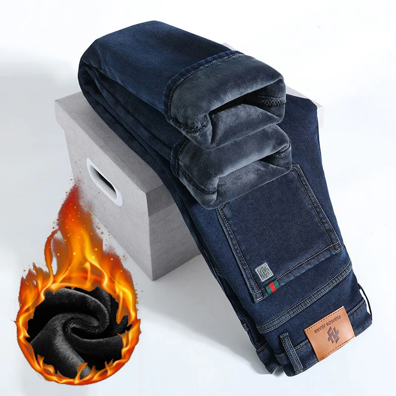 

Thickened Warm Jeans Men Classic Loose Straight Leg Trousers Male Winter Thermal Comfortable Wear-resistant Denim Pants