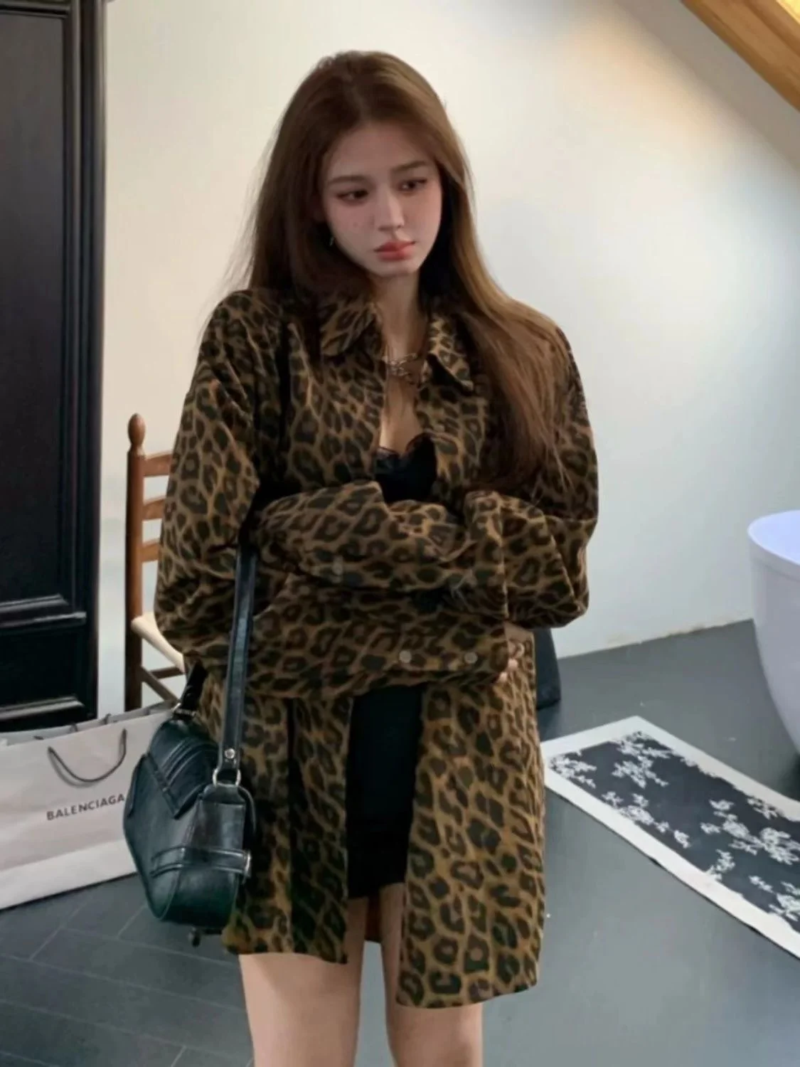 

American Sle Vintage Leopard Print irt Women's Loose Fce Lined Casual Top Autumn Winter New Arrival Ele Outerwear