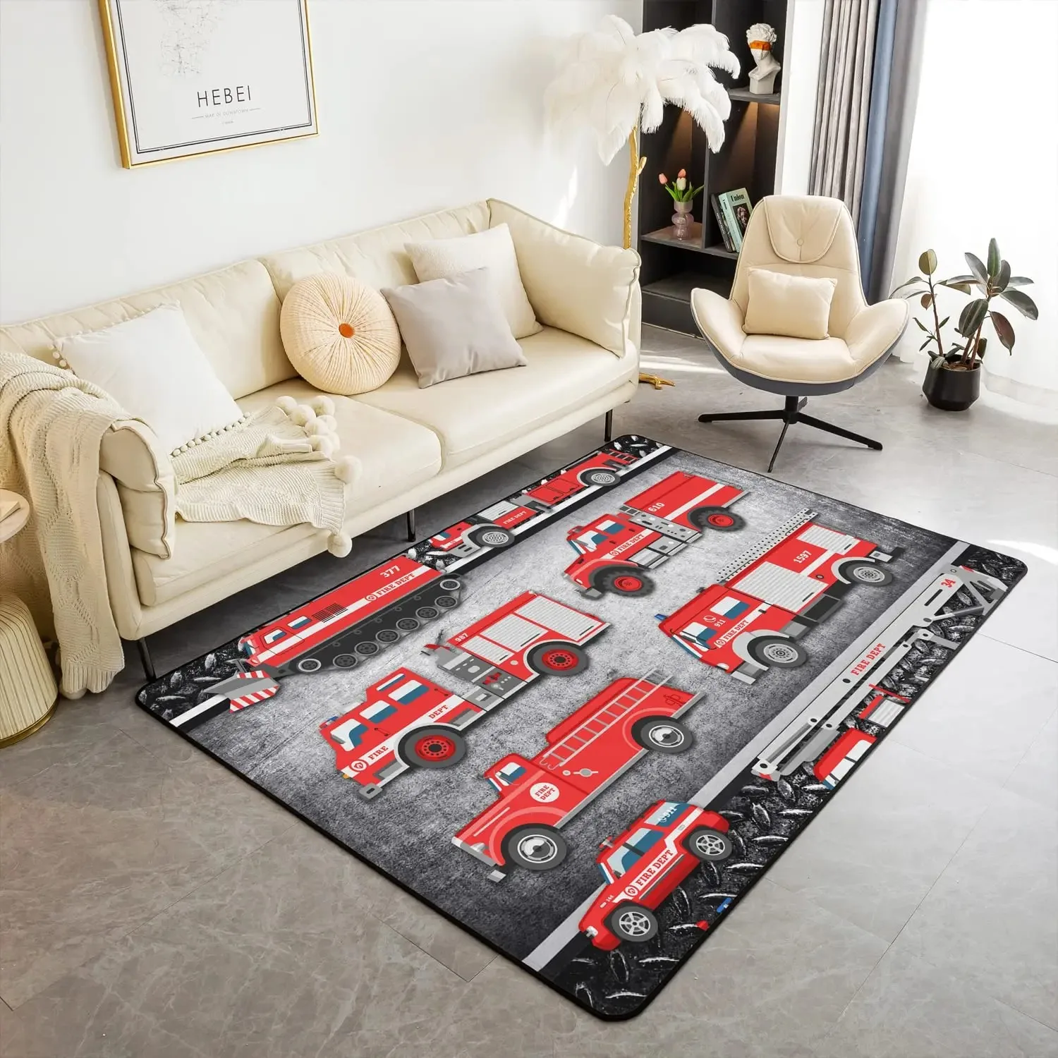 Fire Truck Cartoon Rectangle Rug Floor Carpet Colorful Firefighter Vehicle City Scene Pattern Mat for Children Room Decoration