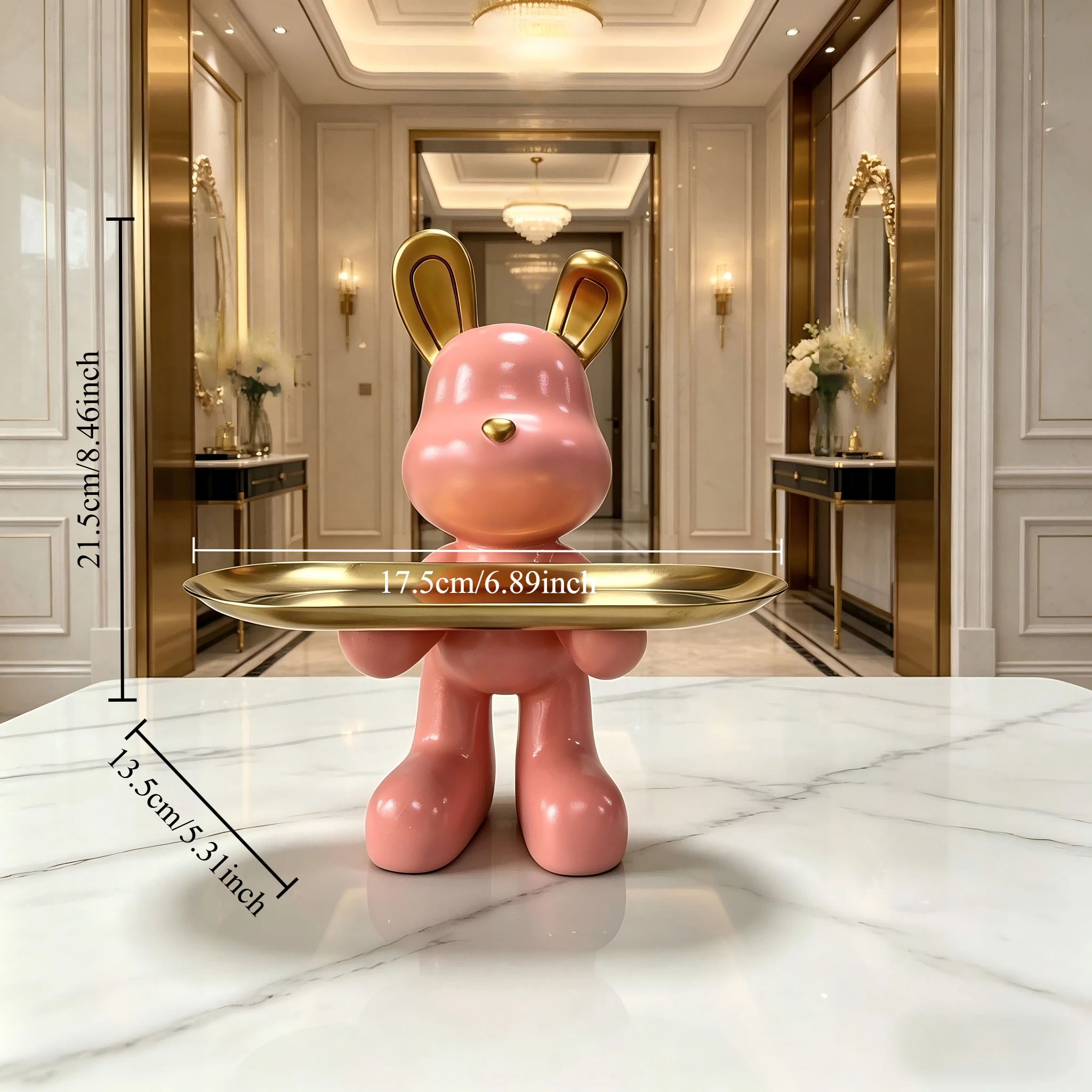 Charming Rabbit Figurine with Metal Tray, Resin Bunny Decorative Tray for Keys, Earrings, Rings, Cute Home Accent