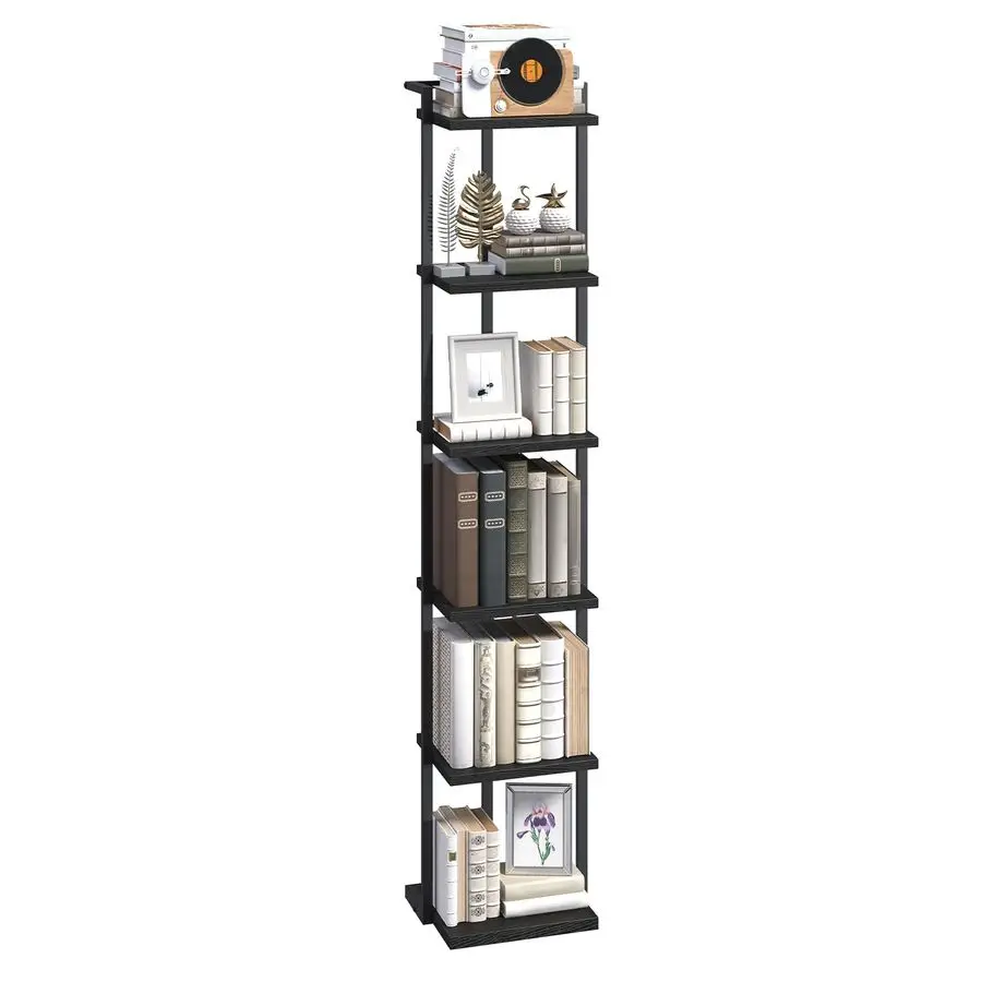 

6-ярусный книжный шкаф, вертикальная высокая узкая книжная полка для небольших помещений, открытая полка для хранения и демонстрации с устойчивым основанием и комплектом защиты от опрокидывания.