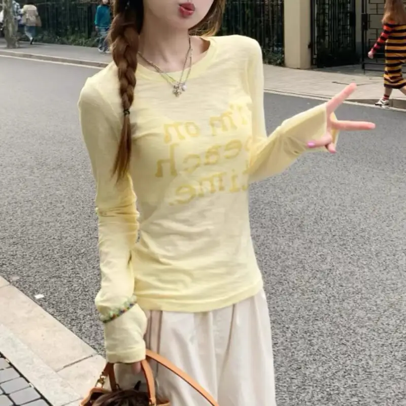 

Женская летняя футболка с солнцезащитным кремом и буквенным принтом, тонкая, слегка прозрачная, облегающая, пикантный топ с длинными рукавами для девочек