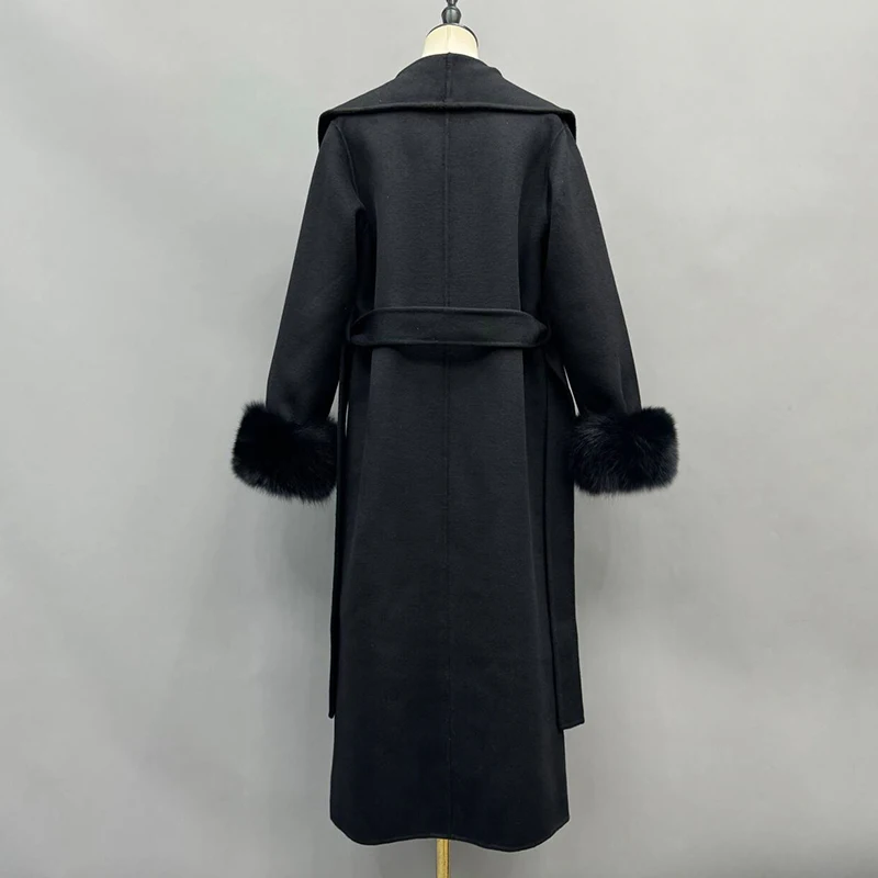 Lady Fashion Cashmere Wool Coat Long Winter Overcoat Natural Fox Fur Cuff Women's Trench Coat