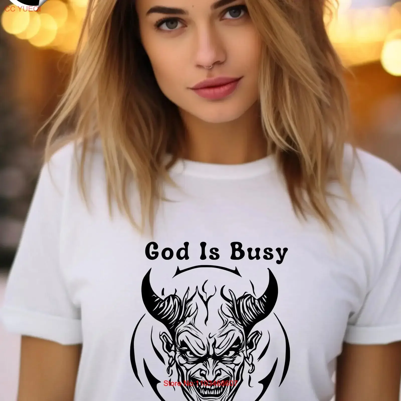 T-shirt drôle athée, dieu est occupé, diable, vous pouvez aider, humour, original, unique, sarcastique, vintage, délavé, unisexe, streetwear polyvalent