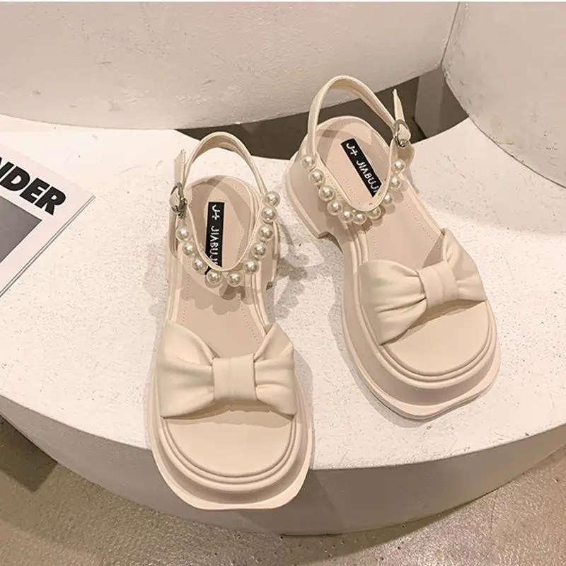 Summer 2024 Sandals for Women Platform One Word Pearl Ladies Shoes Open Toe Beach Wholesale Daily Original Vintage Vip Footwear