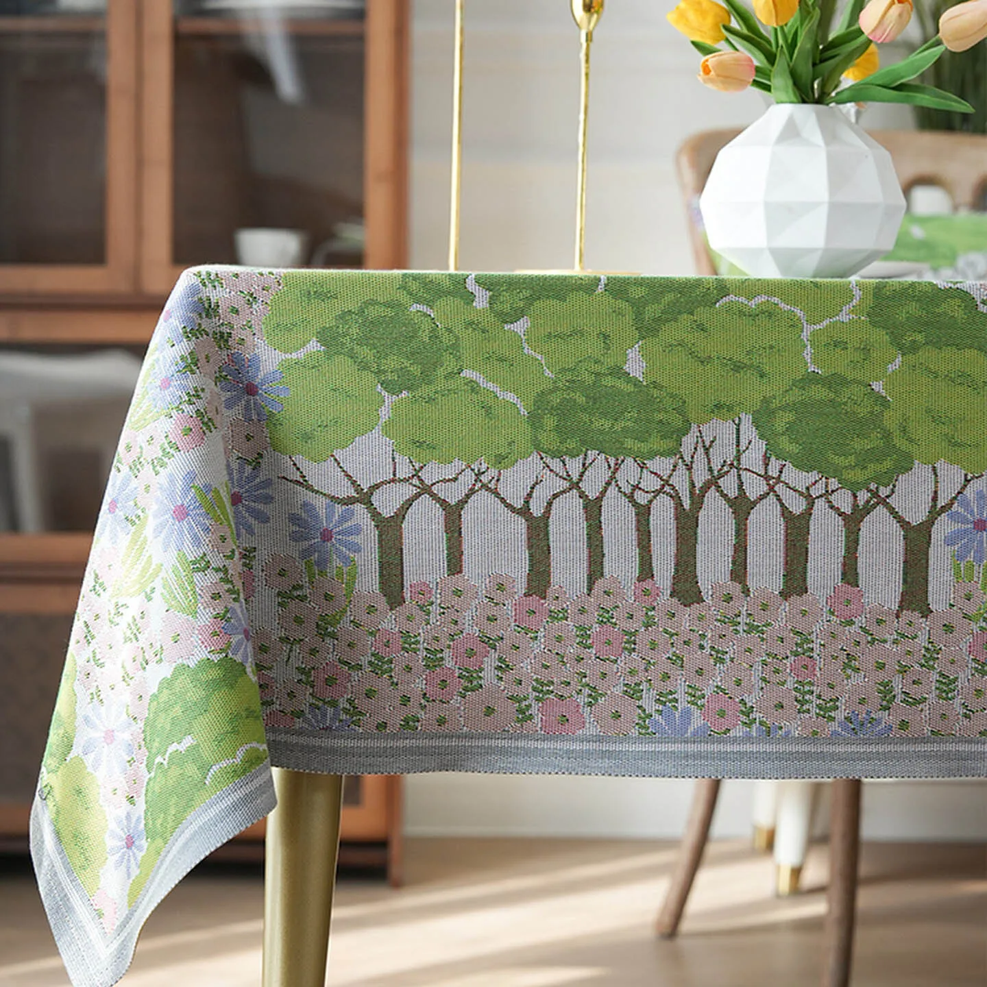 New Rustic Style Pure Cotton Jacquard Tablecloth Green Forest Table Cloth Affordable Luxury Coffeetable Cover Home Decoration