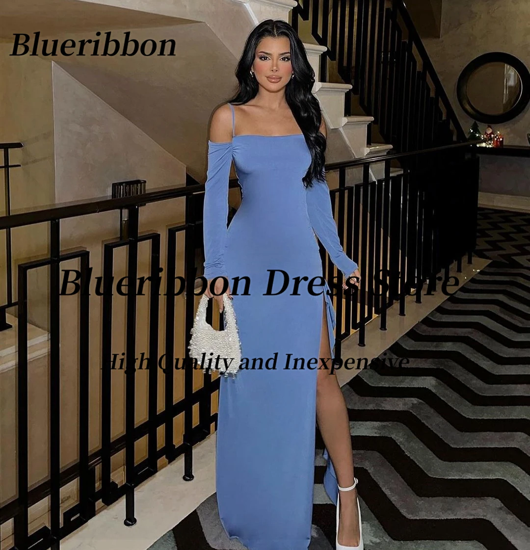 

Blueribbon Spaghetti Bateau Neck Prom Dresses Long Sleeves Evening Party Gowns Side Slit Sexy Special Occasion Dress