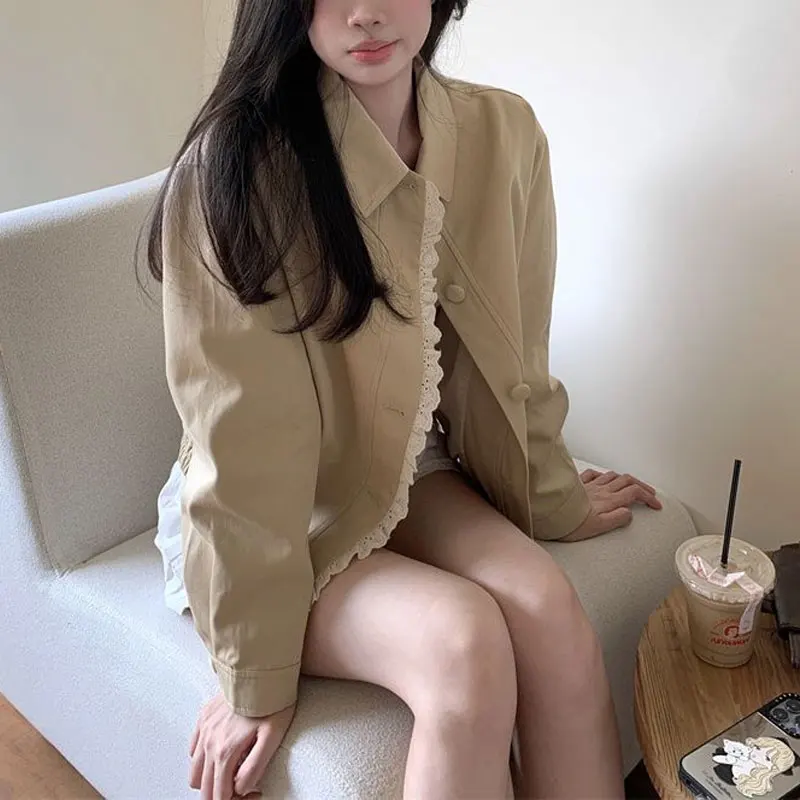 

Women's Clothing Solid Color Short Coats Vintage Turn-down Collar Autumn Stylish Lace Spliced Casual Long Sleeve Basic Jackets