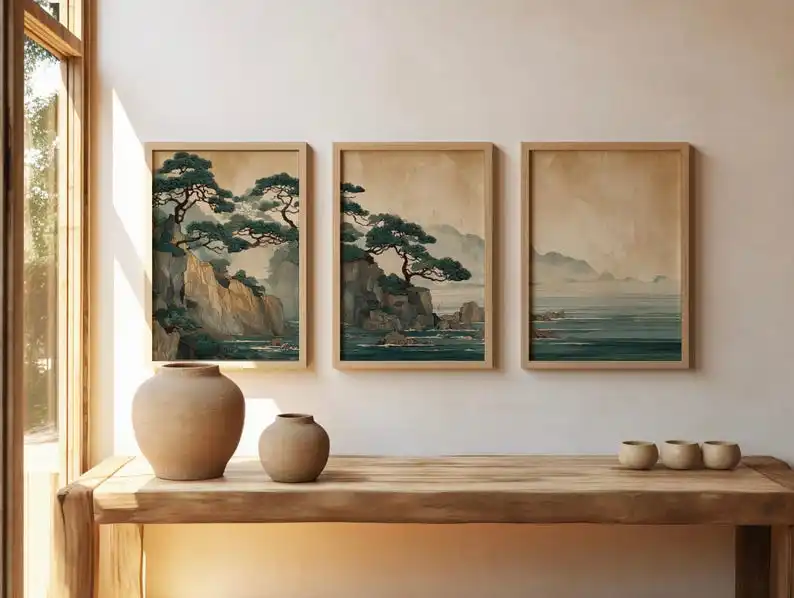 3pcs Retro Japanese Cliff & Ocean Canvas Wall Art Prints, Unframed Japandi Zen Canvas Art for Living Room and Bedroom Decortions