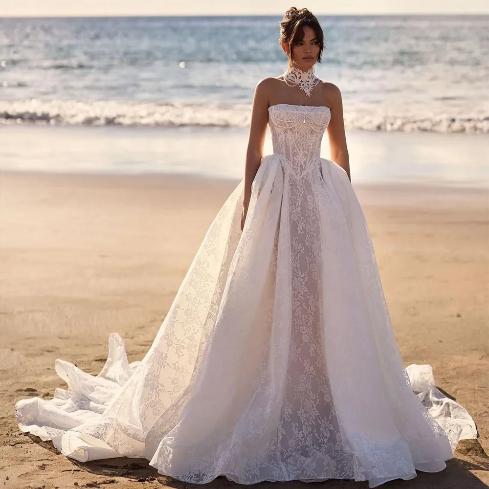 제인 에어 탈부착 가능한 목 장식 스트랩리스 목걸이 비즈 진주 아플리케 레이스 공주 웨딩 드레스 베스티도스 데 노비아