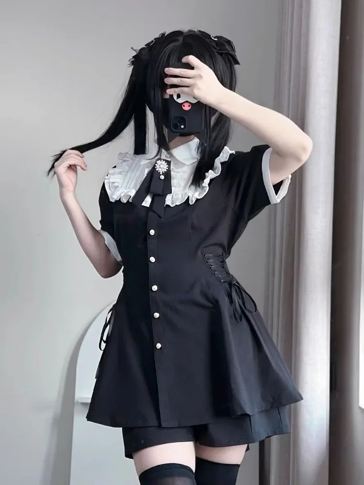 Japanese Contrast Color High Waist Student Lolita Dresses Harajuku Ruffled Femme Robe Single Breasted 2024 Summer Women Vestidos