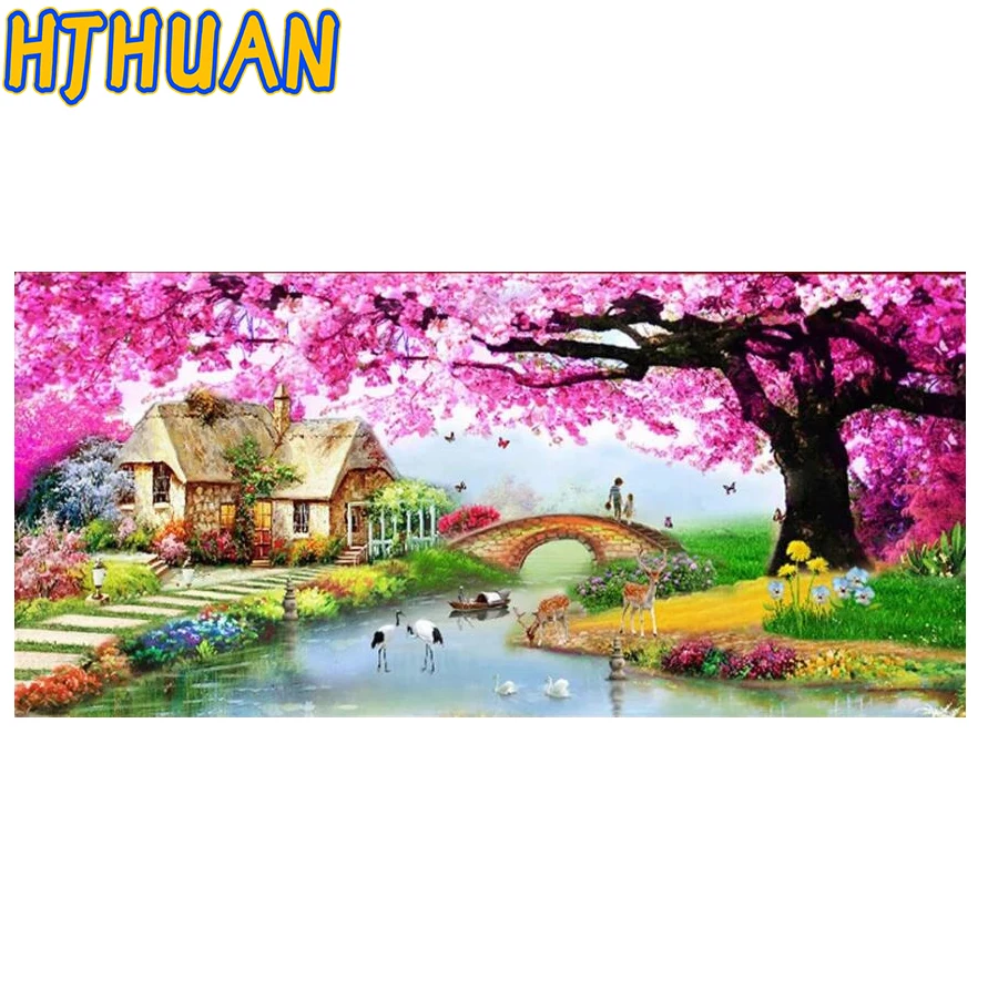 5D DIY full round Diamond Painting Kit, Scenery Embroidery, Cross Stitch, Handmade Home Art Decor, Village, Garden, Decorative