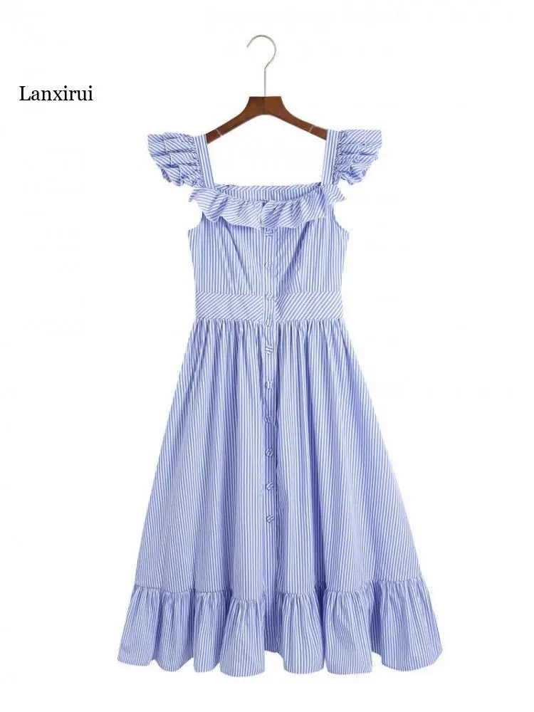 Striped Square Neck Flutter Sleeve Sweet Dress Women Ruffles Maxi Dress Women Dresses Evening Maxi Long Robe Vestido