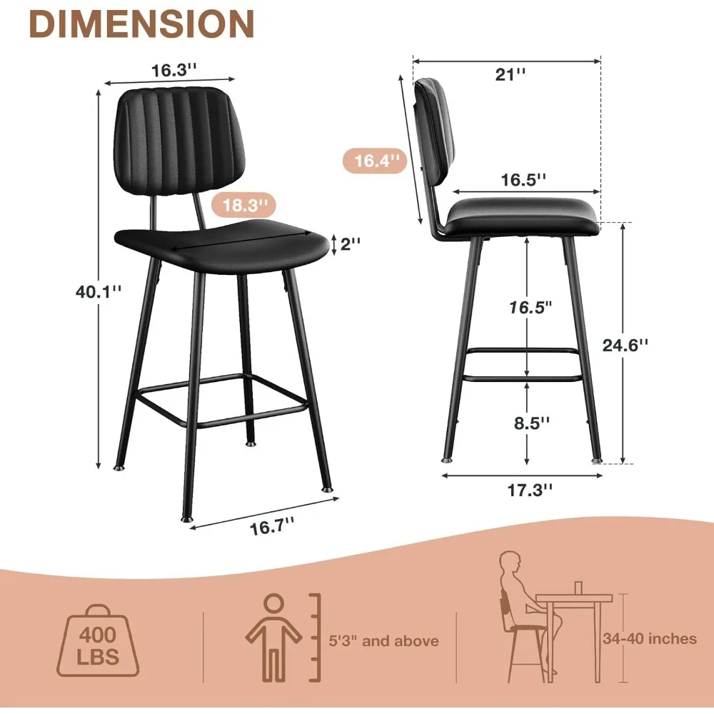 24.6 Inch Counter Height Barstools,High Backrest Faux Leather Upholstered Counter Stools with Armless Footrest for Kitchen,Black