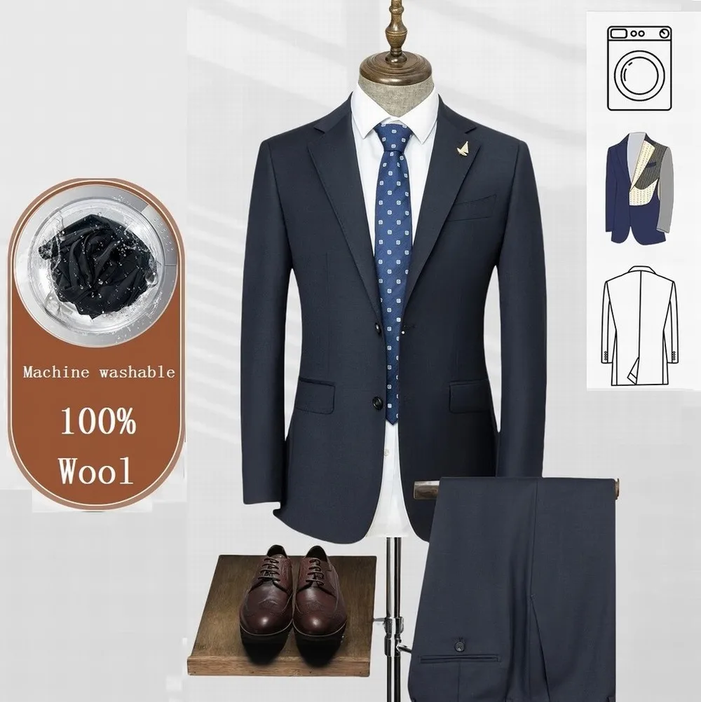 New 100% Wool Navy Blue Formal Men Suit Groom Groomsman Wedding Party Business Tuxedos Male 2 Piece Set Blazer Pants