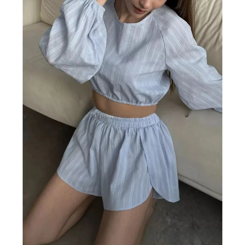 Krismile White 100% Women's Pajama Sets 2025 Lanterb Sleeve Sleepwear Tops Slit Casual Solid Color Shorts Female Pant Suit