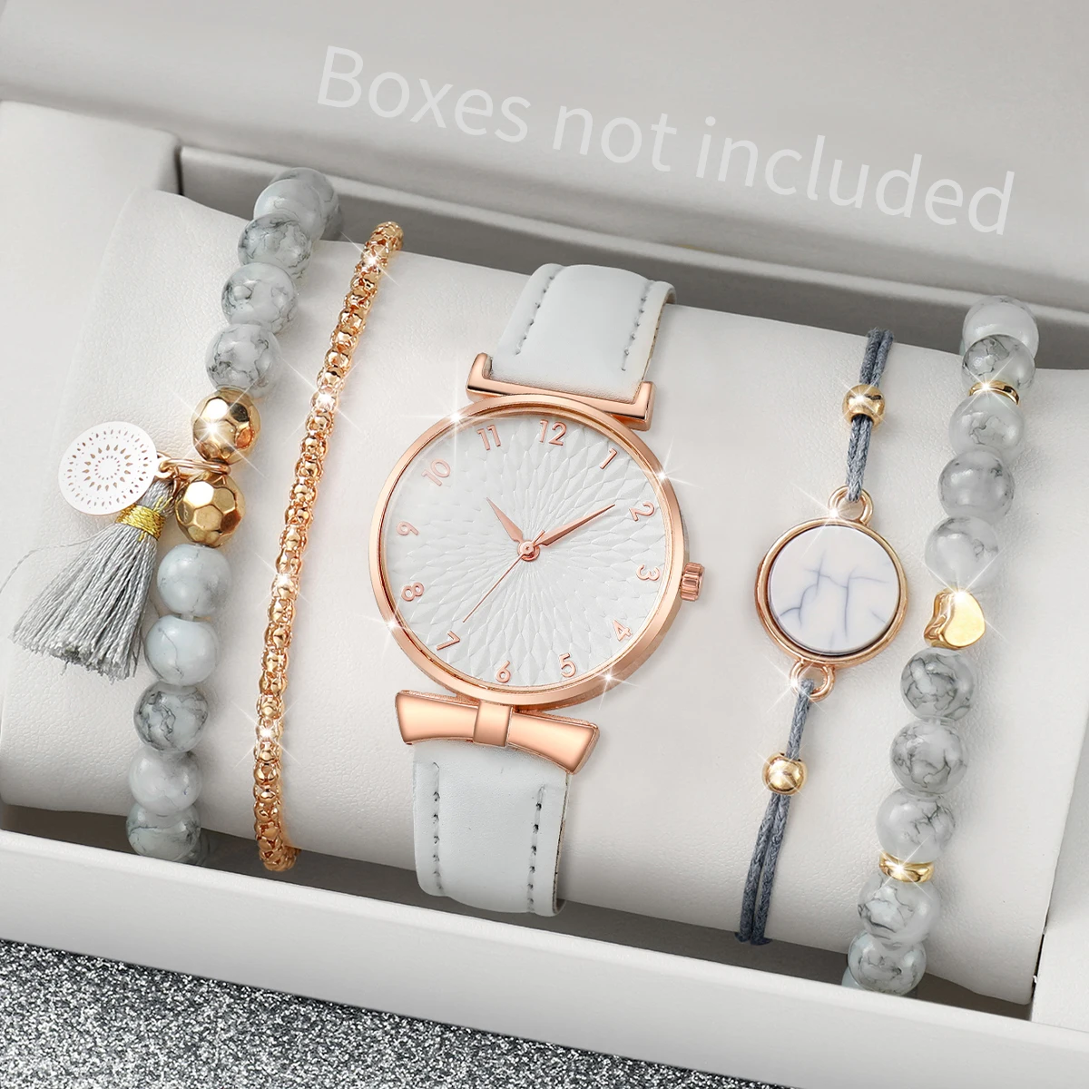5PCS/Set Women\'s Watch Fashion Arabic Dial Quartz Watches Leather Band Wristwatches Beads Bracelets Set(Without Box)