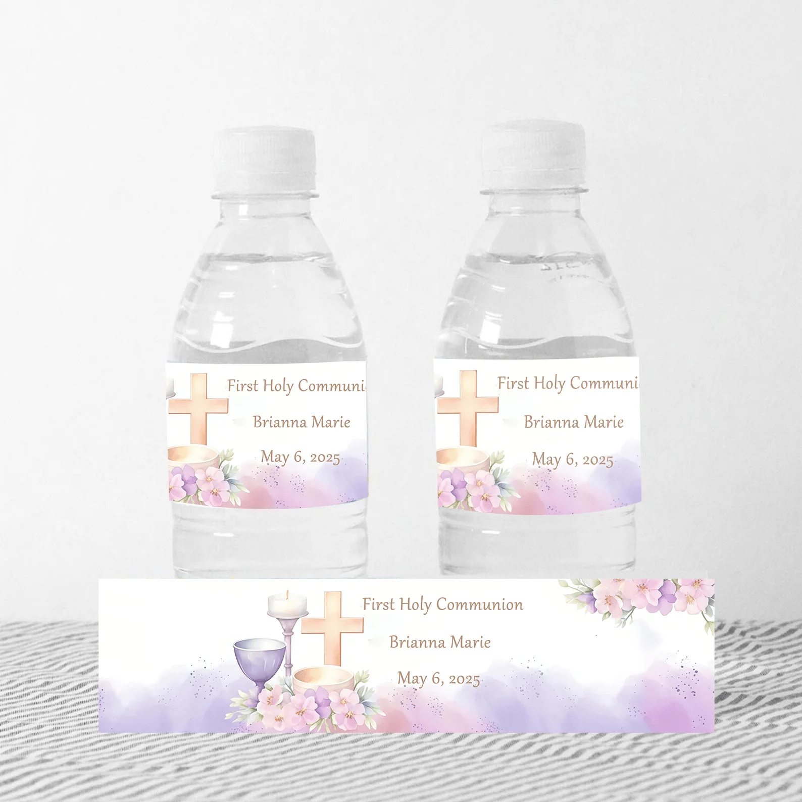 カスタム初聖体拝領用ウォーターボトルステッカー、シンプルな花 - Wedding Packaging のレビューと価格