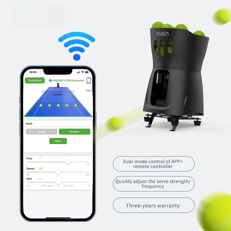 Robot da allenamento per tennis Lanciatore automatico per palline APP Controllo remoto 8-60 KM/H Velocità di servizio 65 palline Attrezzatura