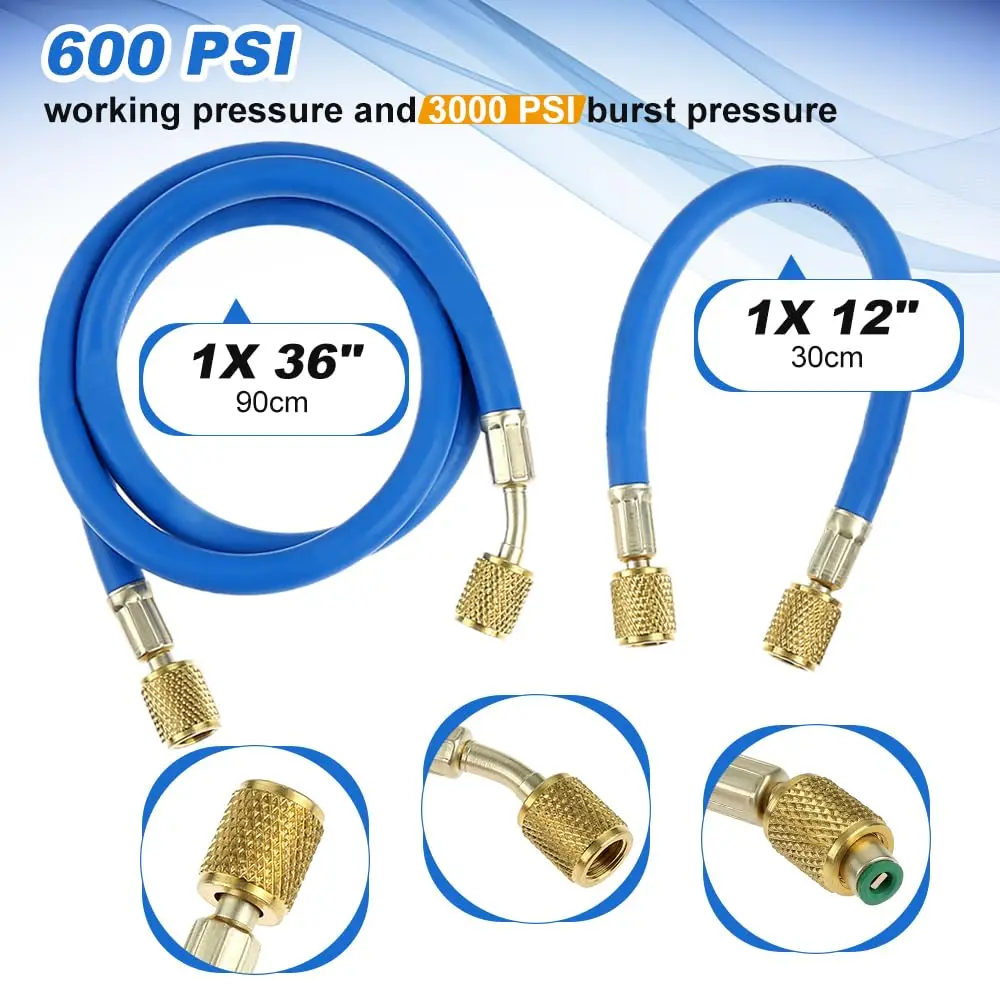 R134A Recharge Hose Kit R410A R134A R22 AC Charging Manifold Gauge Set with Self-Sealing/Puncture Can Taps