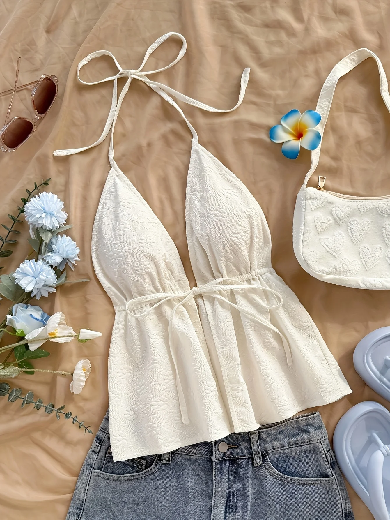 3 Pcs Women Jacquard Halter Peplum Cami Tops, Deep V Neck Self‑Tie Sleeveless Tank Tops, Drawstring Waist Flowy Summer Casual Ca