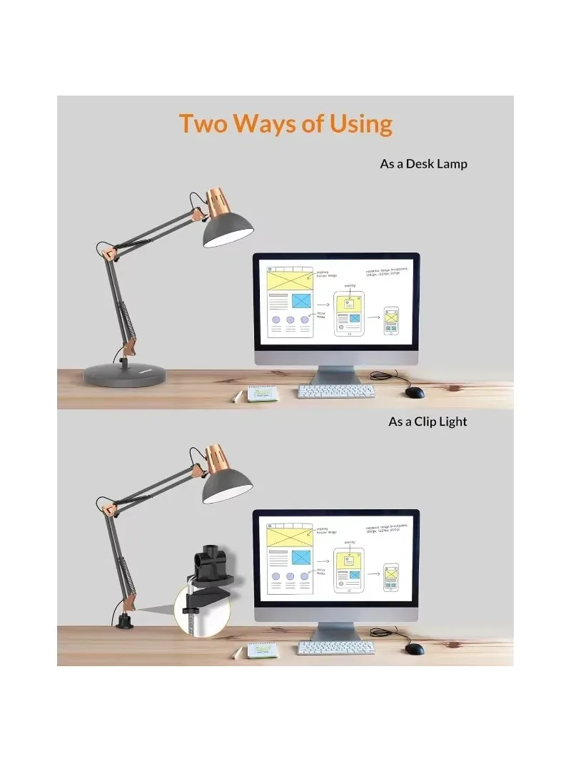 Desk Lamp, Adjustable Goose Neck Architect Table Lamp with On/Off Switch, Swing Arm Desk Lamp with Clamp,Eye-Caring Reading Lamp