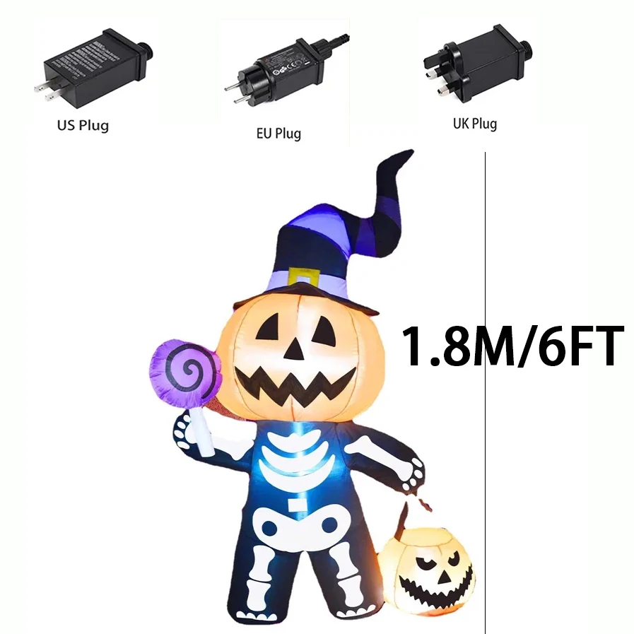 Brinquedo inflável de halloween, 1.8m/6 pés, abóbora gigante, caveira, fantasma, quintal ao ar livre, decoração de jardim, modelo inflado de terror com luzes led