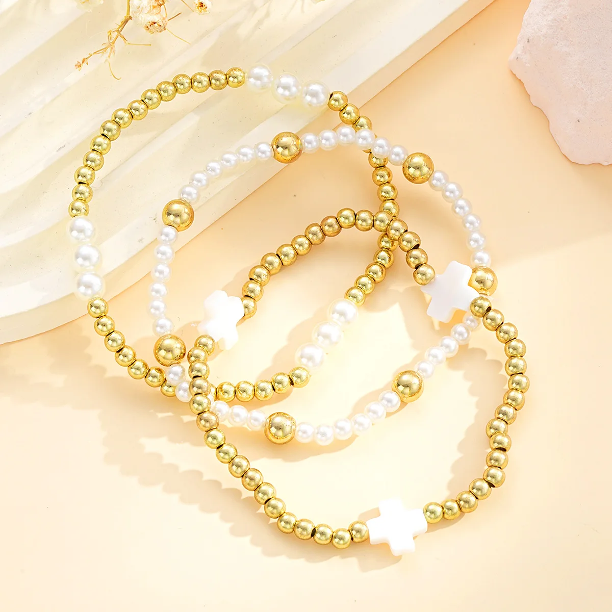 4Pcs/ Set Simple Gold Color CCB Beaded Assembly Wear Bracelet Set for Women Fashion Imitation Pearl Cross Bangle Couple Jewelry