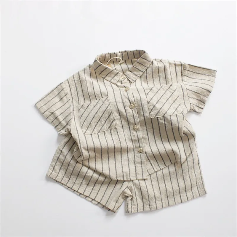 

Deer Jonmi 2024 Summer Korean Style Baby Boys Striped Outfits Cotton Linen Shirts Shorts 2Pcs Children Casual Loose Sets